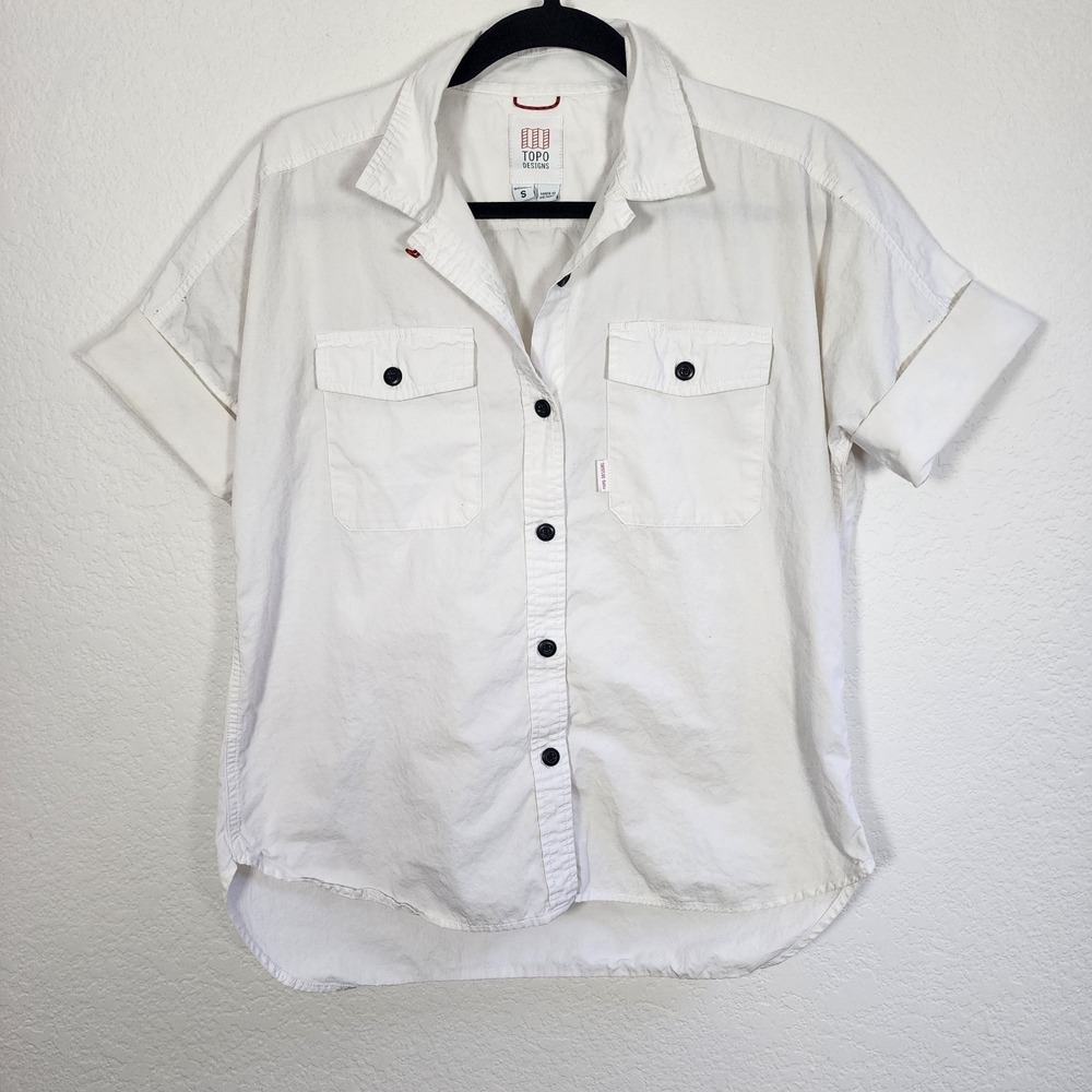 Topo Designs White Short Sleeve Buttonup Shirt Womens Size S Outdoor Casual